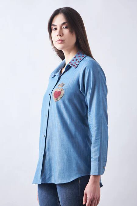 Elarra By Pratyancha Blue Denim Embroidered Heart Collared Babe Shirt Online at Aza Fashions Elarra By Pratyancha_Blue Denim Embroidered Heart Collared Babe Shirt _Online_at_Aza_Fashions