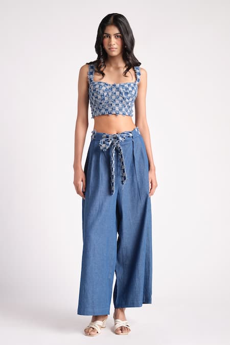 Elarra By Pratyancha Blue Denim Sweetheart Berry Frinze Bustier With Pant 