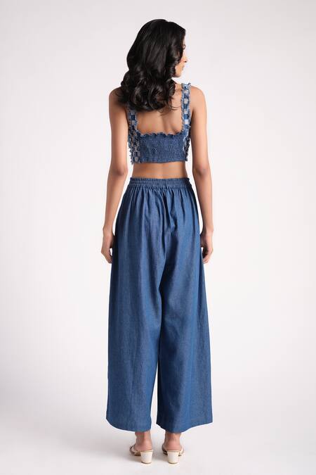 Shop Elarra By Pratyancha Blue Denim Sweetheart Berry Frinze Bustier With Pant at Aza Fashions Shop_Elarra By Pratyancha_Blue Denim Sweetheart Berry Frinze Bustier With Pant_at_Aza_Fashions
