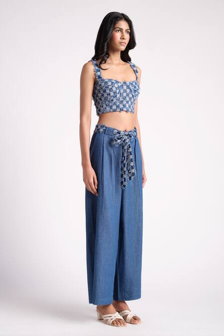 Elarra By Pratyancha Blue Denim Sweetheart Berry Frinze Bustier With Pant Online at Aza Fashions Elarra By Pratyancha_Blue Denim Sweetheart Berry Frinze Bustier With Pant_Online_at_Aza_Fashions