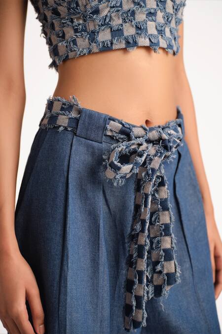 Buy Elarra By Pratyancha Blue Denim Sweetheart Berry Frinze Bustier With Pant Online at Aza Fashions Buy_Elarra By Pratyancha_Blue Denim Sweetheart Berry Frinze Bustier With Pant_Online_at_Aza_Fashions