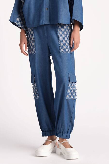 Elarra By Pratyancha_Blue Denim Collared Berry Frinze Shirt With Cargo Pant_Online_at_Aza_Fashions