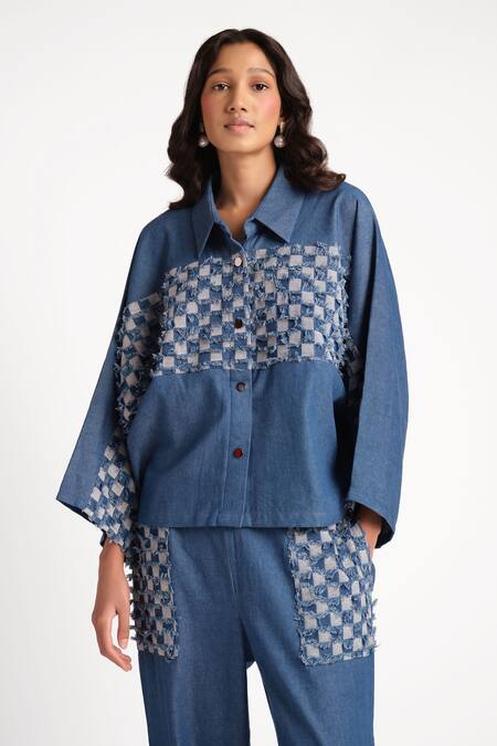 Buy_Elarra By Pratyancha_Blue Denim Collared Berry Frinze Shirt With Cargo Pant_Online_at_Aza_Fashions