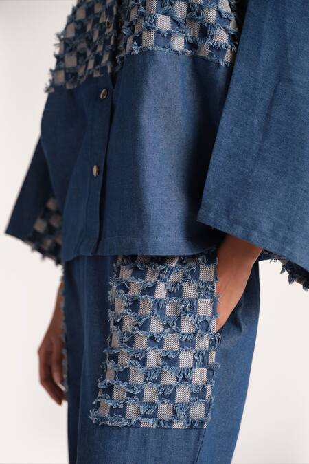 Shop_Elarra By Pratyancha_Blue Denim Collared Berry Frinze Shirt With Cargo Pant_Online_at_Aza_Fashions