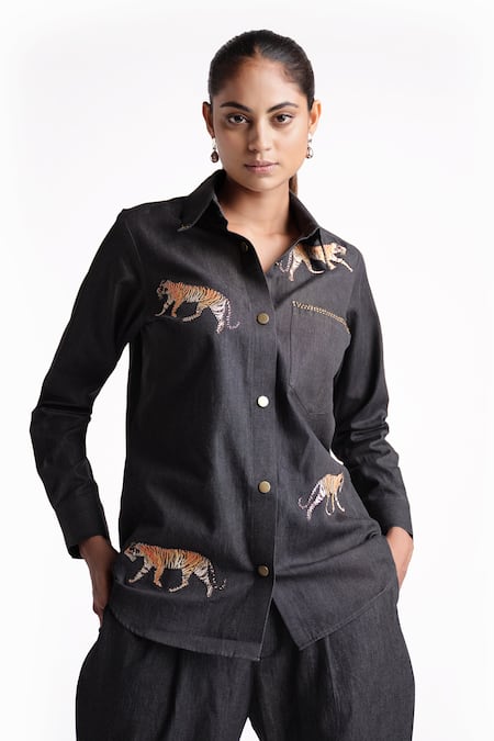 Elarra By Pratyancha Black Denim Embroidered Tiger Collared Shirt With Pant 