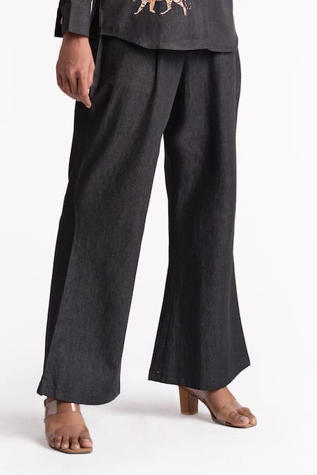 Elarra By Pratyancha Black Denim Embroidered Tiger Collared Shirt With Pant Online at Aza Fashions Elarra By Pratyancha_Black Denim Embroidered Tiger Collared Shirt With Pant_Online_at_Aza_Fashions