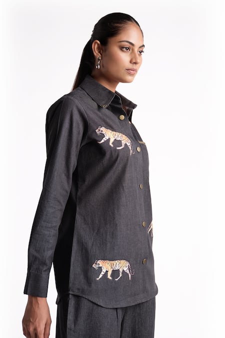 Buy Elarra By Pratyancha Black Denim Embroidered Tiger Collared Shirt With Pant Online at Aza Fashions Buy_Elarra By Pratyancha_Black Denim Embroidered Tiger Collared Shirt With Pant_Online_at_Aza_Fashions