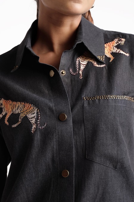 Shop Elarra By Pratyancha Black Denim Embroidered Tiger Collared Shirt With Pant Online at Aza Fashions Shop_Elarra By Pratyancha_Black Denim Embroidered Tiger Collared Shirt With Pant_Online_at_Aza_Fashions