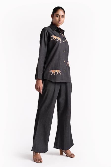 Elarra By Pratyancha Black Denim Embroidered Tiger Collared Shirt With Pant at Aza Fashions Elarra By Pratyancha_Black Denim Embroidered Tiger Collared Shirt With Pant_at_Aza_Fashions