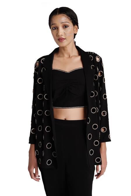 Shop_Elarra By Pratyancha_Black Lycra Embroidered Beads Top Sweetheart Ring Blazer Set _Online_at_Aza_Fashions