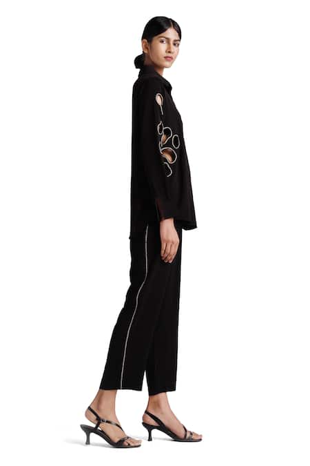 Elarra By Pratyancha Black Cotton Beads Collared Ring Embroidered Shirt With Pant Online at Aza Fashions Elarra By Pratyancha_Black Cotton Beads Collared Ring Embroidered Shirt With Pant _Online_at_Aza_Fashions