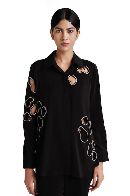 Shop Elarra By Pratyancha Black Cotton Beads Collared Ring Embroidered Shirt With Pant Online at Aza Fashions Shop_Elarra By Pratyancha_Black Cotton Beads Collared Ring Embroidered Shirt With Pant _Online_at_Aza_Fashions