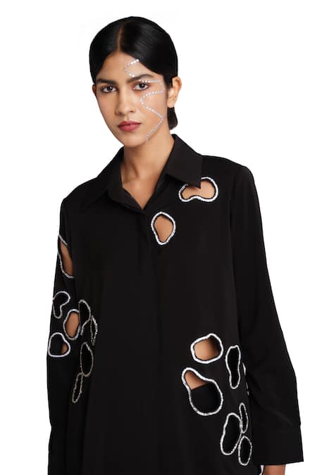 Elarra By Pratyancha Black Cotton Beads Collared Ring Embroidered Shirt With Pant at Aza Fashions Elarra By Pratyancha_Black Cotton Beads Collared Ring Embroidered Shirt With Pant _at_Aza_Fashions