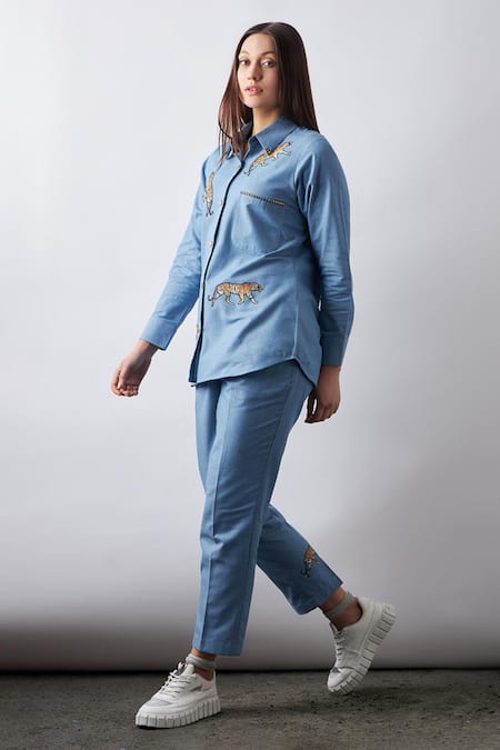 Elarra By Pratyancha_Blue Denim Embroidery, Sequins Collared Bliss Tiger Shirt With Pant _Online_at_Aza_Fashions