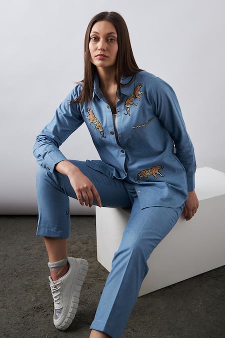 Buy_Elarra By Pratyancha_Blue Denim Embroidery, Sequins Collared Bliss Tiger Shirt With Pant _Online_at_Aza_Fashions