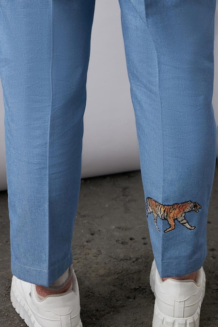 Shop_Elarra By Pratyancha_Blue Denim Embroidery, Sequins Collared Bliss Tiger Shirt With Pant _Online_at_Aza_Fashions