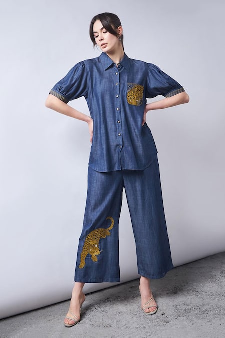 Elarra By Pratyancha Blue Denim Embroidered Panther Collared Shirt With 