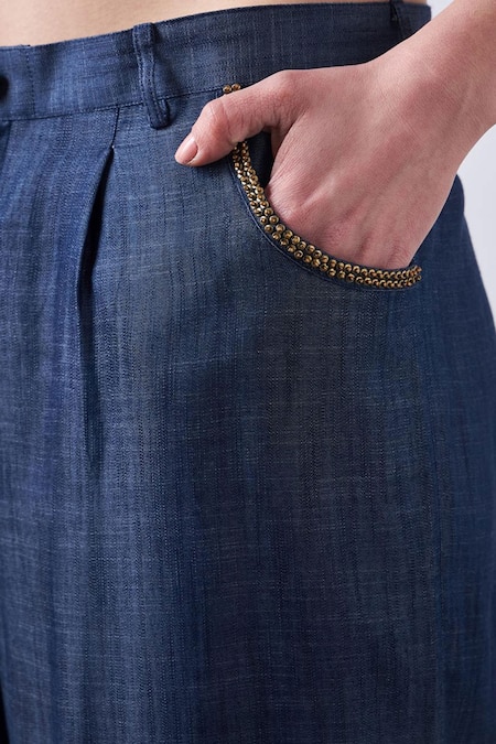 Elarra By Pratyancha_Blue Denim Beads, Embroidery Collared Panther Shirt With _Online_at_Aza_Fashions