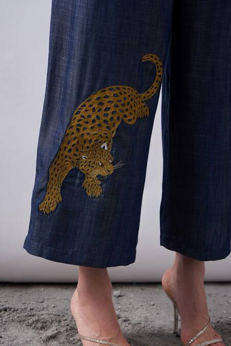 Buy_Elarra By Pratyancha_Blue Denim Beads, Embroidery Collared Panther Shirt With _Online_at_Aza_Fashions