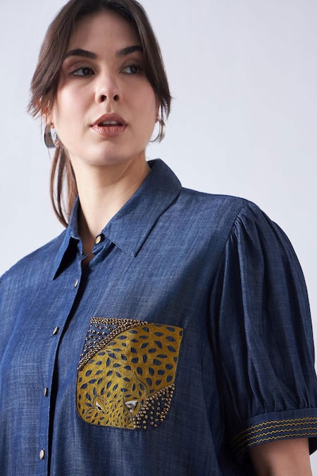 Shop_Elarra By Pratyancha_Blue Denim Beads, Embroidery Collared Panther Shirt With _Online_at_Aza_Fashions
