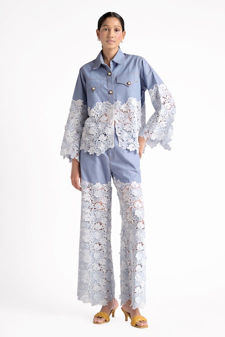 Elarra By Pratyancha Blue Denim Collared Fairy Bliss Shirt With Pant 