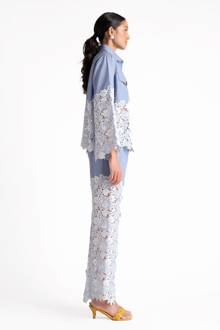 Elarra By Pratyancha_Blue Denim Lace Collared Fairy Bliss Shirt With Pant_Online_at_Aza_Fashions
