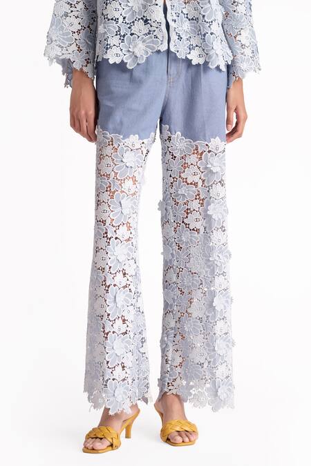 Buy_Elarra By Pratyancha_Blue Denim Lace Collared Fairy Bliss Shirt With Pant_Online_at_Aza_Fashions