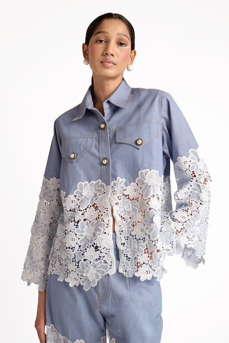 Shop_Elarra By Pratyancha_Blue Denim Lace Collared Fairy Bliss Shirt With Pant_Online_at_Aza_Fashions