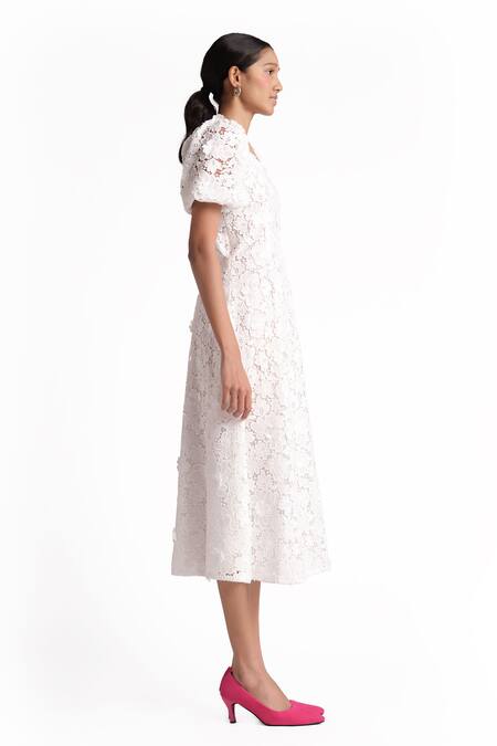 Elarra By Pratyancha_White Denim Lace Sweetheart Neck Fairy Flared Dress_Online_at_Aza_Fashions