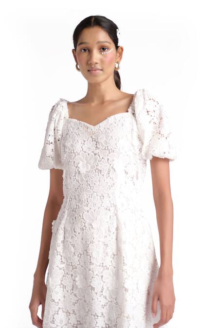 Buy_Elarra By Pratyancha_White Denim Lace Sweetheart Neck Fairy Flared Dress_Online_at_Aza_Fashions