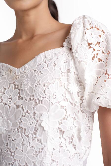 Shop_Elarra By Pratyancha_White Denim Lace Sweetheart Neck Fairy Flared Dress_Online_at_Aza_Fashions