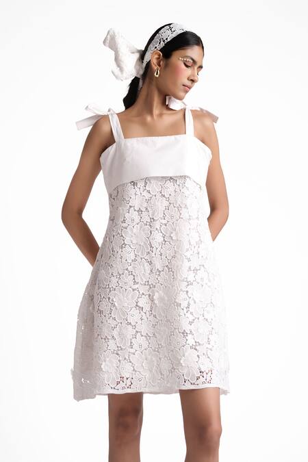 Buy_Elarra By Pratyancha_White Denim Lace Square Neck Fairy A-line Dress_Online_at_Aza_Fashions