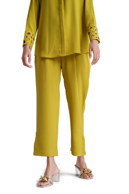 Elarra By Pratyancha_Green Lycra Beads Collared Ring Embellished Shirt And Pant Set _Online_at_Aza_Fashions