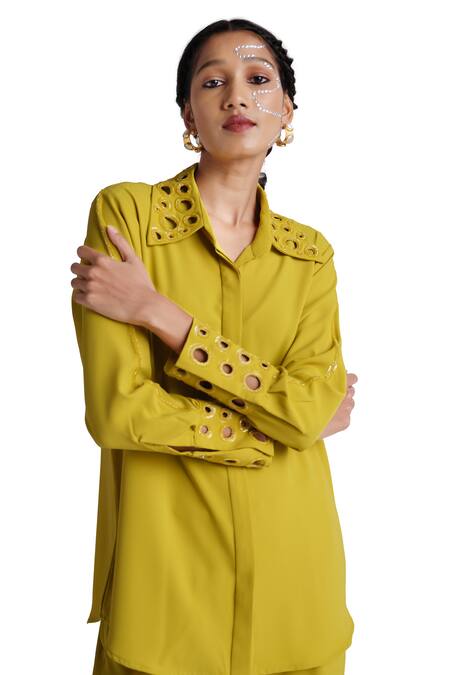 Buy_Elarra By Pratyancha_Green Lycra Beads Collared Ring Embellished Shirt And Pant Set _Online_at_Aza_Fashions