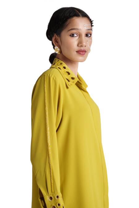 Shop_Elarra By Pratyancha_Green Lycra Beads Collared Ring Embellished Shirt And Pant Set _Online_at_Aza_Fashions