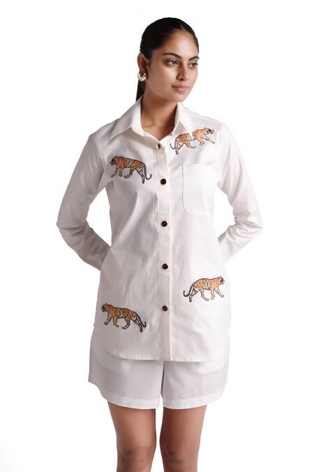 Elarra By Pratyancha_White Denim Embroidery Collared Tiger Shirt With Shorts _Online_at_Aza_Fashions