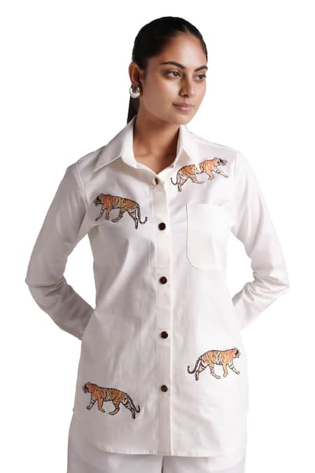 Buy_Elarra By Pratyancha_White Denim Embroidery Collared Tiger Shirt With Shorts _Online_at_Aza_Fashions