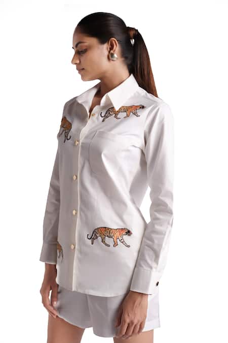 Shop_Elarra By Pratyancha_White Denim Embroidery Collared Tiger Shirt With Shorts _Online_at_Aza_Fashions
