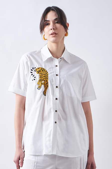 Buy Elarra By Pratyancha White Poplin, Cotton Embroidery Collared Pop Tiger Shirt With Pant Online at Aza Fashions Buy_Elarra By Pratyancha_White Poplin, Cotton Embroidery Collared Pop Tiger Shirt With Pant _Online_at_Aza_Fashions