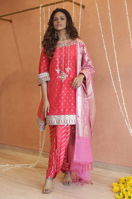 Buy_Izzumi Mehta_Coral Chanderi Lace, Fringe, Tassels, Butta Embroidered Kurta And Dhoti Pant Set _Online_at_Aza_Fashions
