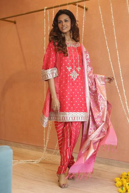 Shop_Izzumi Mehta_Coral Chanderi Lace, Fringe, Tassels, Butta Embroidered Kurta And Dhoti Pant Set _Online_at_Aza_Fashions