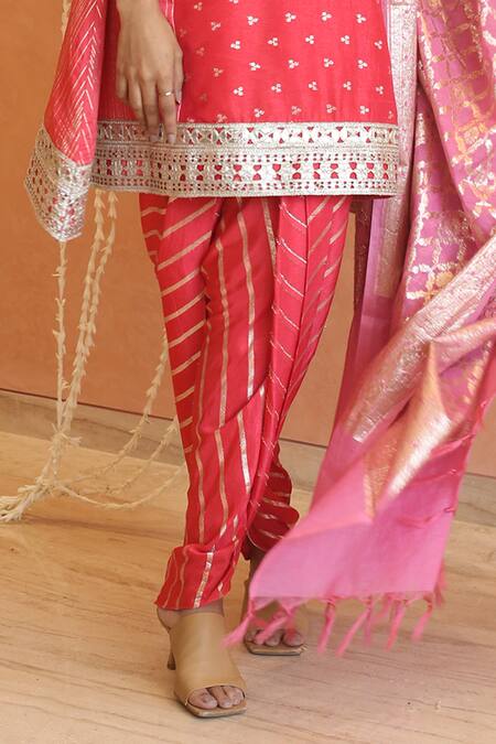 Izzumi Mehta_Coral Chanderi Lace, Fringe, Tassels, Butta Embroidered Kurta And Dhoti Pant Set _at_Aza_Fashions