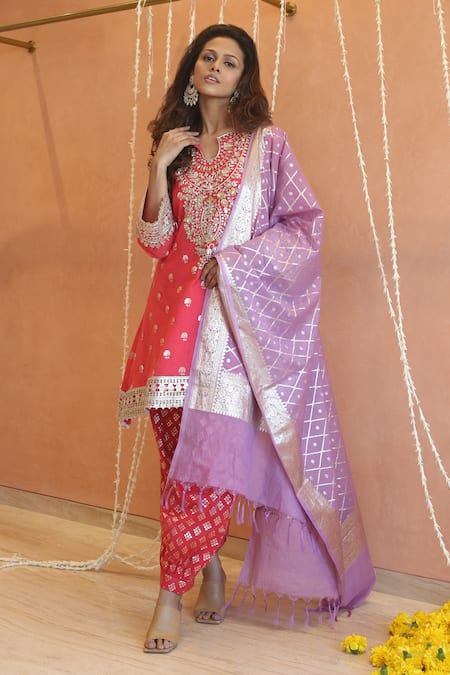 Izzumi Mehta_Coral Chanderi Lace, Tassels, Fringe, Butta Embroidered Kurta And Afghani Pant Set _Online_at_Aza_Fashions