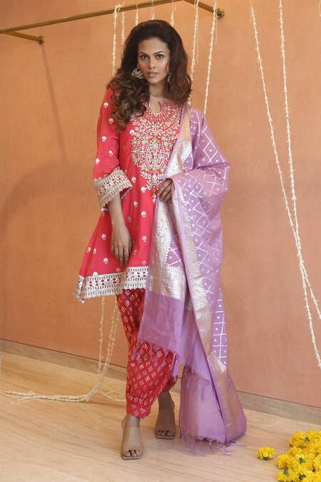 Buy_Izzumi Mehta_Coral Chanderi Lace, Tassels, Fringe, Butta Embroidered Kurta And Afghani Pant Set _Online_at_Aza_Fashions