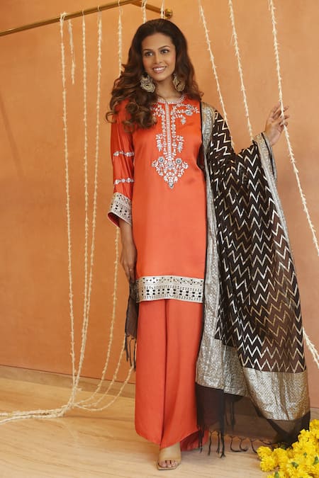 Buy_Izzumi Mehta_Orange Modal, Chanderi, Silk Gota Patti, Yoke Kurta And Asymmetric Pant Set _Online_at_Aza_Fashions