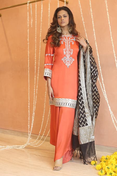 Shop_Izzumi Mehta_Orange Modal, Chanderi, Silk Gota Patti, Yoke Kurta And Asymmetric Pant Set _Online_at_Aza_Fashions