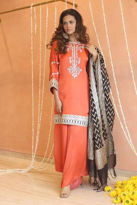Izzumi Mehta_Orange Modal, Chanderi, Silk Gota Patti, Yoke Kurta And Asymmetric Pant Set _at_Aza_Fashions