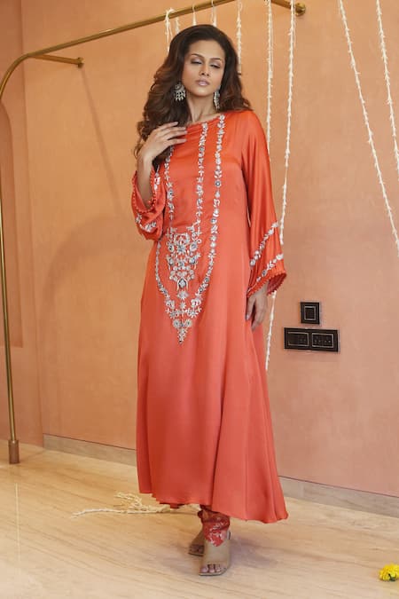 Izzumi Mehta Orange Kurta Modal Silk Embroidery Zardosi Round Asymmetric With Pant 