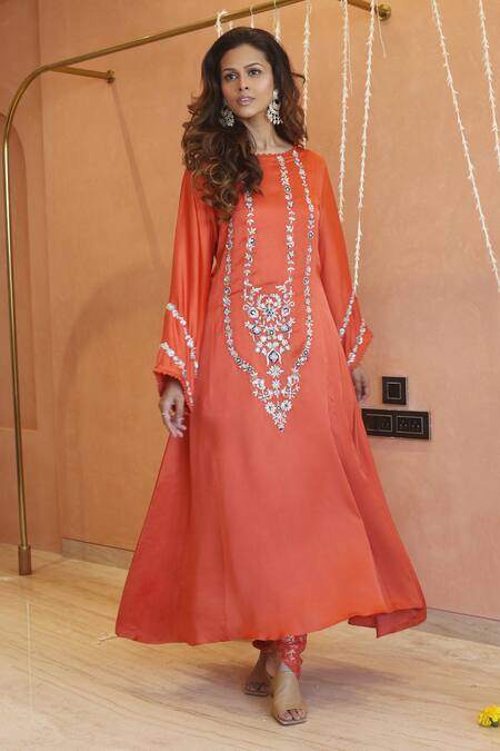 Buy_Izzumi Mehta_Orange Modal, Chanderi Zari, Embroidery Zardosi Asymmetric Kurta With Pant _Online_at_Aza_Fashions