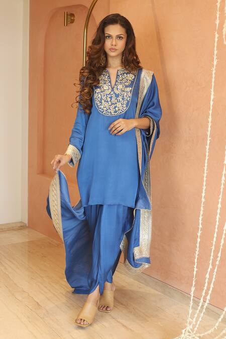 Izzumi Mehta_Blue Modal, Silk Zari, Cut Work, Beads, Zardosi Kurta And Dhoti Pant Set _Online_at_Aza_Fashions